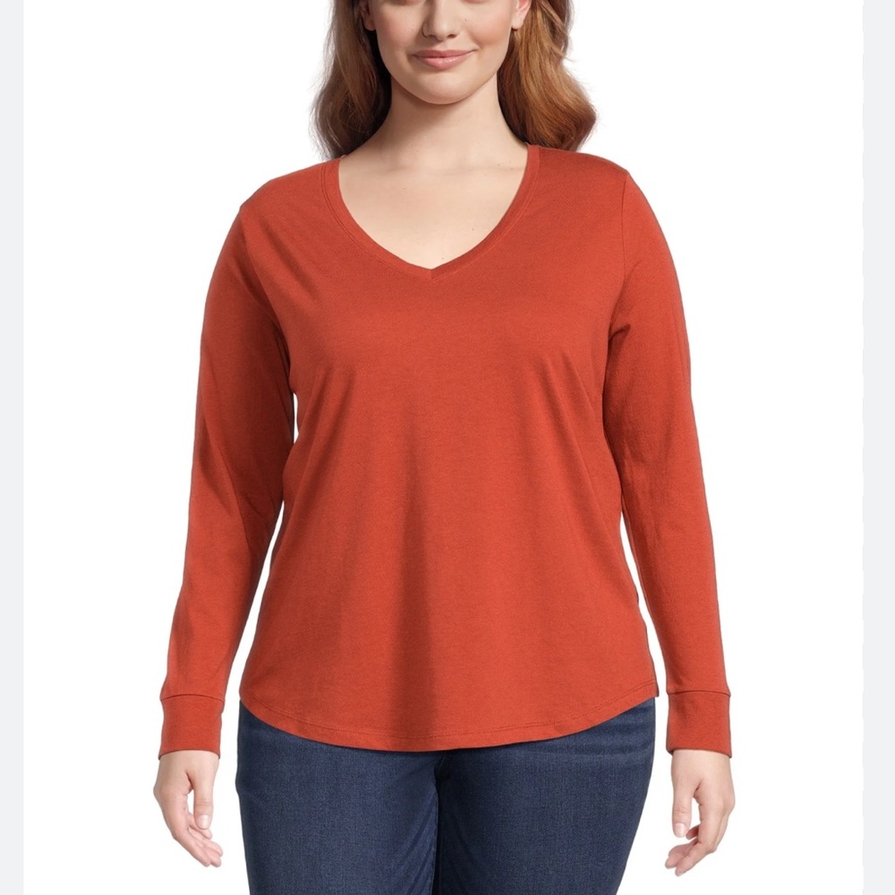 🔴 4/$15 Terra & Sky Women’s 0X 14-16 burnt orange brick v-neck ls tee in EUC